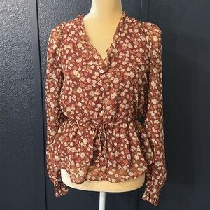 Blu Pepper Wine Red Floral Blouse SZ S